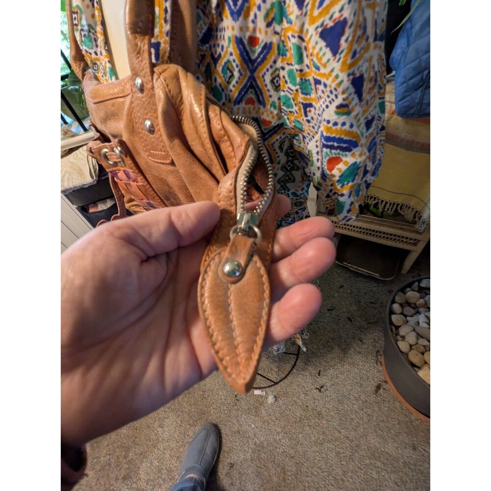 Sofia C. Genuine Leather Satchel Handbag Woven Checkerboard Flower Charm Purse - Picture 4 of 7